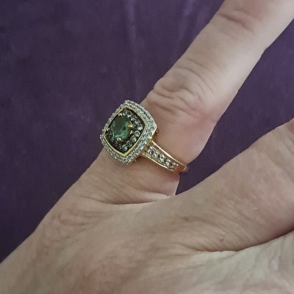 Natural Green Apatite, White and Champagne Zircon Double Halo Ring - Picture 4 of 8